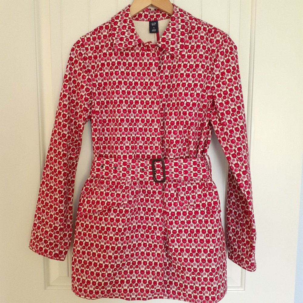 Gap Tulip Print Button Front Coat With Self Belt Red Pink Size S